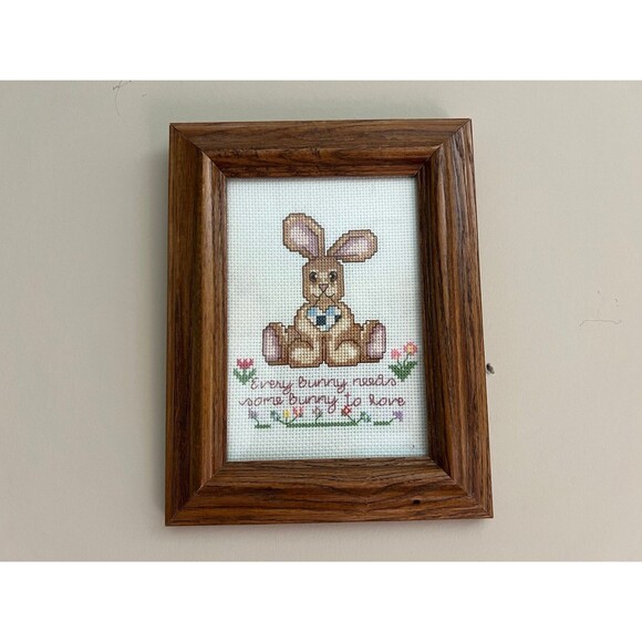 1980s Vintage Spring Easter Bunny Needlepoint Handmade Art Piece - Picture 1 of 4